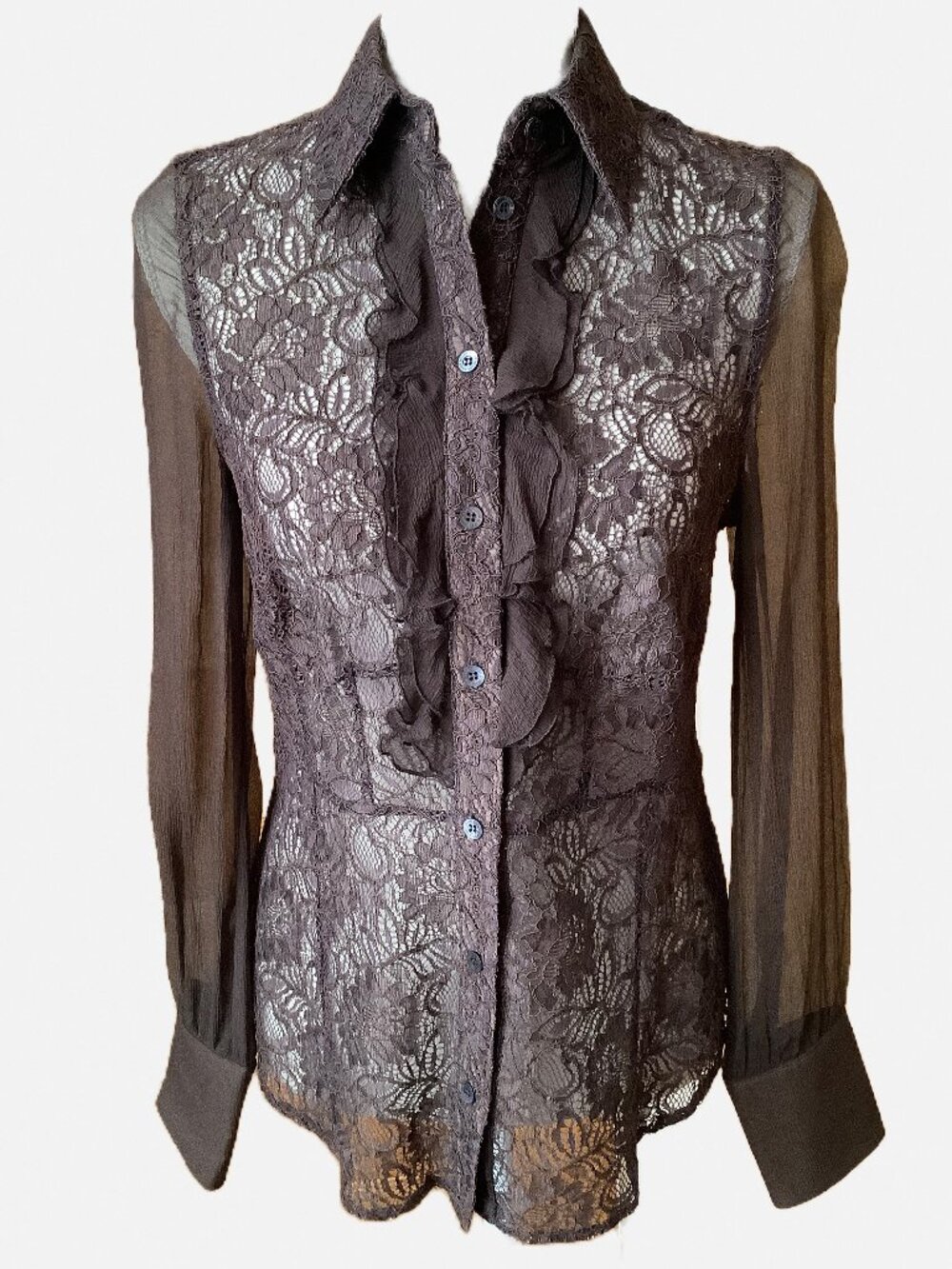 Karen Millen Brown Lace Ruffle Sheer Sleeve Button Front Blouse Size 10